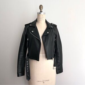 Bershka crop moto jacket in faux leather with silver hardware